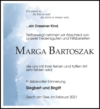 Traueranzeige von Marga Bartoszak von Märkischen Allgemeine Zeitung