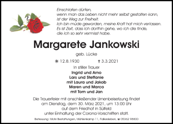 Traueranzeige von Margarete Jankowski von Aller Zeitung