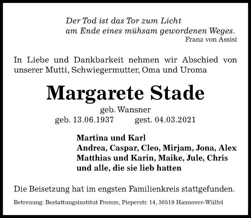  Traueranzeige für Margarete Stade vom 20.03.2021 aus Hannoversche Allgemeine Zeitung/Neue Presse
