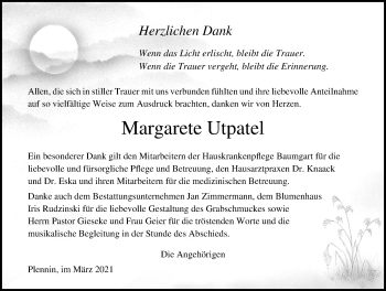 Traueranzeige von Margarete Utpatel von Ostsee-Zeitung GmbH