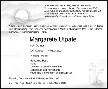 Traueranzeige von Margarete Utpatel von Ostsee-Zeitung GmbH