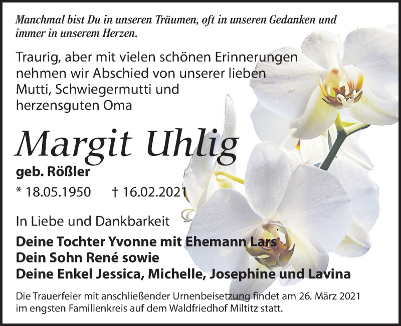  Traueranzeige für Margit Uhlig vom 13.03.2021 aus Leipziger Volkszeitung