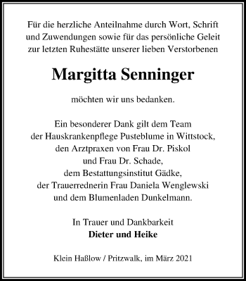 Traueranzeige von Margitta Senninger von Märkischen Allgemeine Zeitung