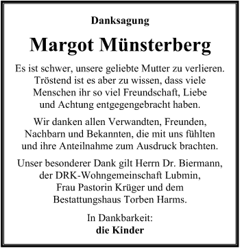 Traueranzeige von Margot Münsterberg von Ostsee-Zeitung GmbH