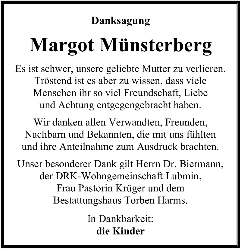  Traueranzeige für Margot Münsterberg vom 13.03.2021 aus Ostsee-Zeitung GmbH