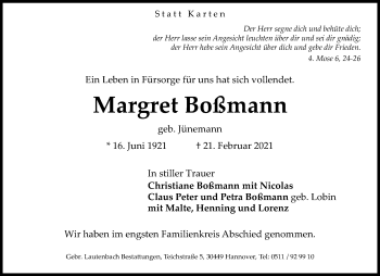 Traueranzeige von Margret Boßmann von Hannoversche Allgemeine Zeitung/Neue Presse