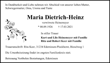 Traueranzeige von Maria Dietrich-Heinz von Peiner Allgemeine Zeitung