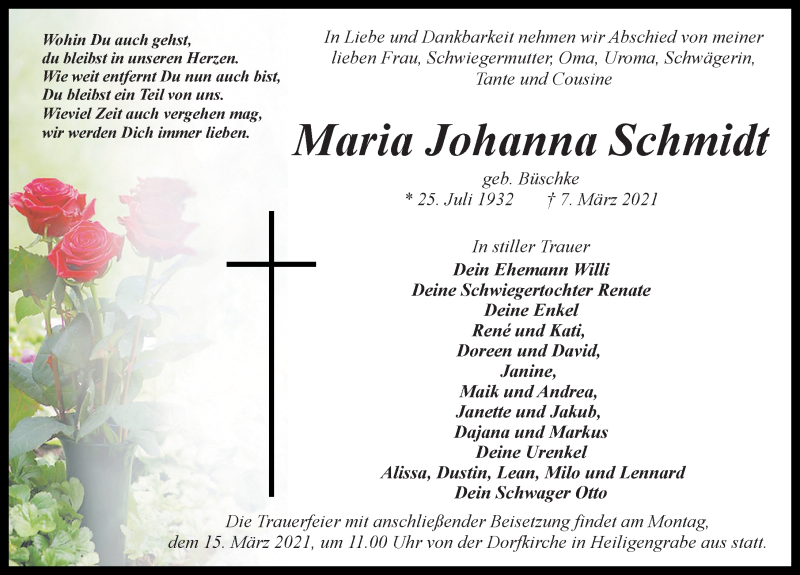  Traueranzeige für Maria Johanna Schmidt vom 10.03.2021 aus Märkischen Allgemeine Zeitung