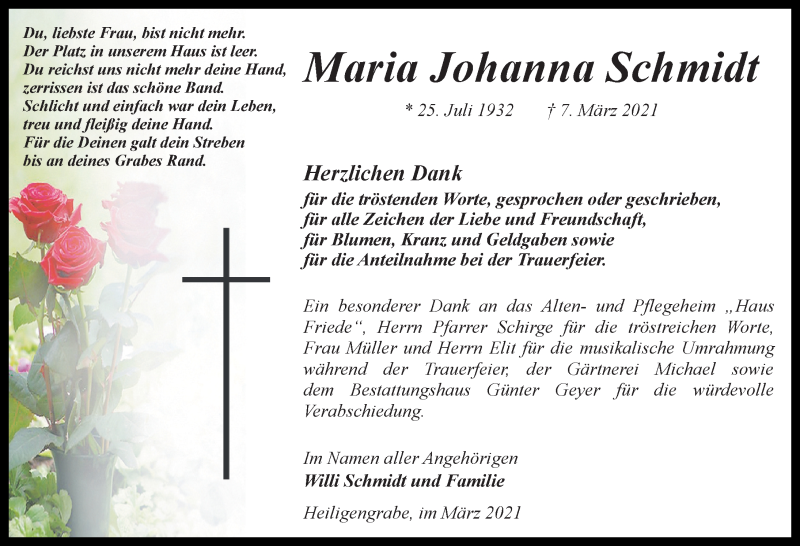  Traueranzeige für Maria Johanna Schmidt vom 27.03.2021 aus Märkischen Allgemeine Zeitung