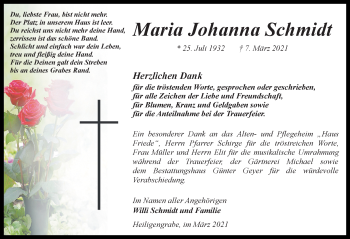 Traueranzeige von Maria Johanna Schmidt von Märkischen Allgemeine Zeitung