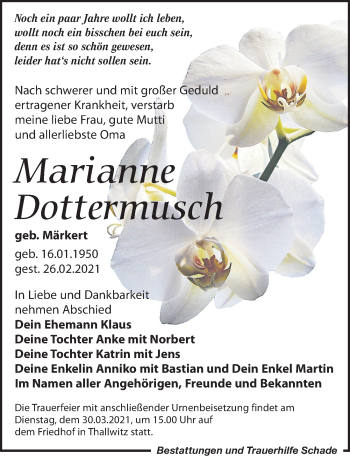Traueranzeige von Marianne Dottermusch von Leipziger Volkszeitung