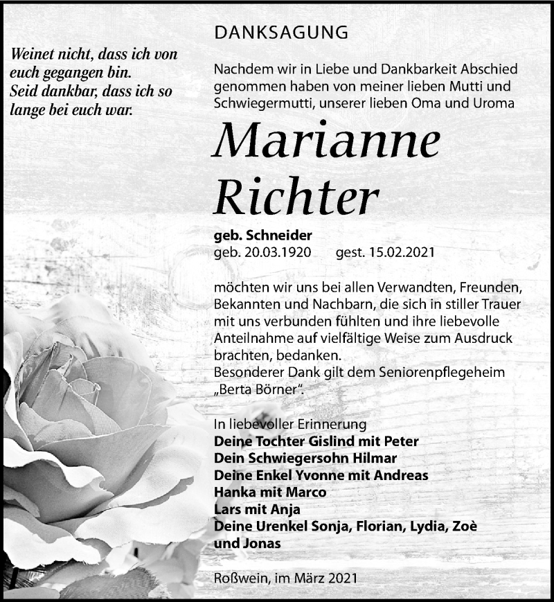  Traueranzeige für Marianne Richter vom 13.03.2021 aus Leipziger Volkszeitung