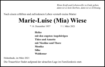 Traueranzeige von Marie-Luise Wiese von Kieler Nachrichten