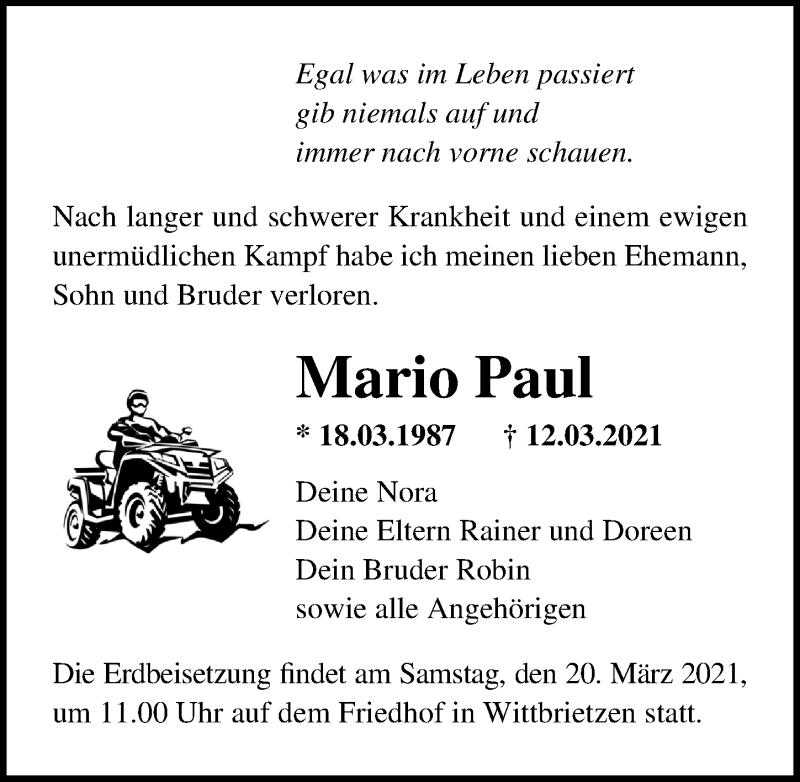  Traueranzeige für Mario Paul vom 17.03.2021 aus Märkischen Allgemeine Zeitung