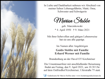 Traueranzeige von Marion Stobbe von Märkischen Allgemeine Zeitung