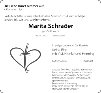 Traueranzeige von Marita Schrader von Lübecker Nachrichten