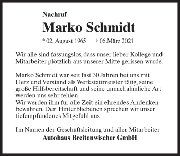 Traueranzeige von Marko Schmidt von Märkischen Allgemeine Zeitung