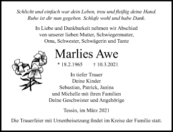 Traueranzeige von Marlies Awe von Ostsee-Zeitung GmbH