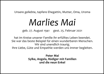 Traueranzeige von Marlies Mai von Leipziger Volkszeitung