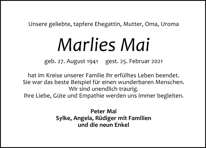  Traueranzeige für Marlies Mai vom 06.03.2021 aus Leipziger Volkszeitung