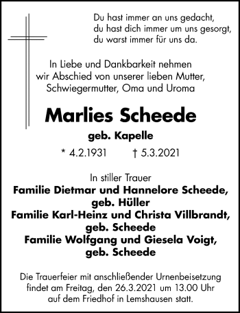 Traueranzeige von Marlies Scheede von Göttinger Tageblatt