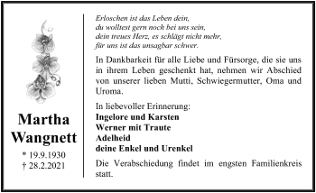 Traueranzeige von Martha Wangnett von Ostsee-Zeitung GmbH