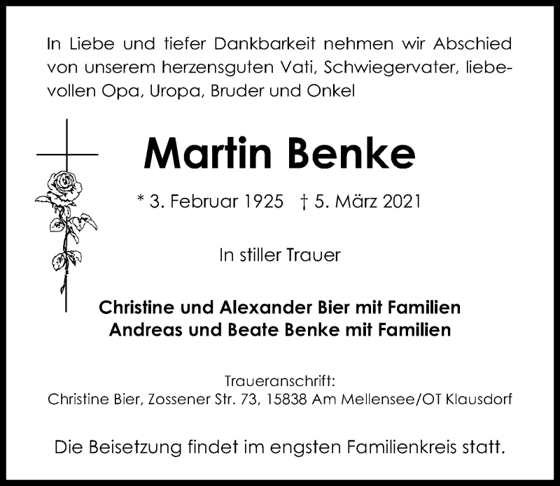 Traueranzeige für Martin Benke vom 13.03.2021 aus Märkischen Allgemeine Zeitung