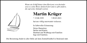 Traueranzeige von Martin Krüger von Ostsee-Zeitung GmbH