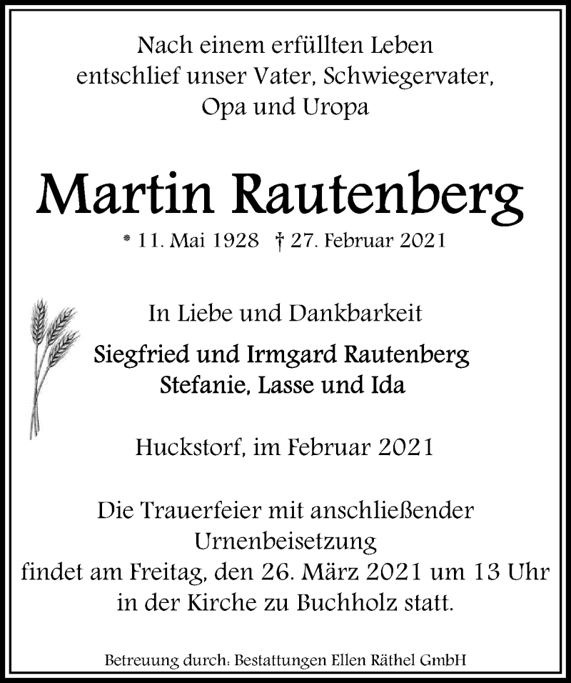  Traueranzeige für Martin Rautenberg vom 20.03.2021 aus Ostsee-Zeitung GmbH
