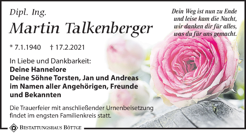  Traueranzeige für Martin Talkenberger vom 06.03.2021 aus Leipziger Volkszeitung