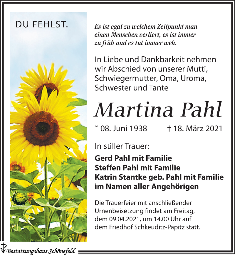  Traueranzeige für Martina Pahl vom 27.03.2021 aus Leipziger Volkszeitung
