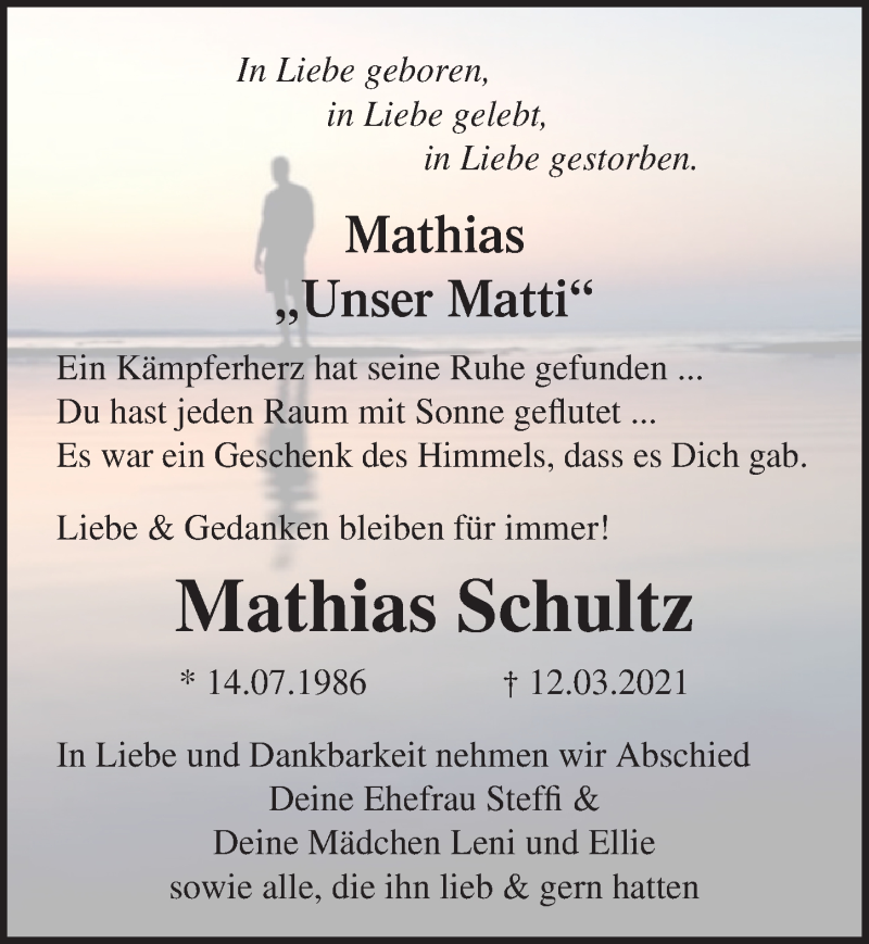  Traueranzeige für Mathias Schultz vom 27.03.2021 aus Ostsee-Zeitung GmbH