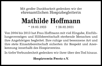 Traueranzeige von Mathilde Hoffmann von Kieler Nachrichten