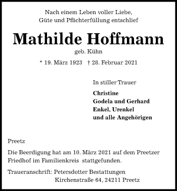 Traueranzeige von Mathilde Hoffmann von Kieler Nachrichten