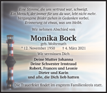 Traueranzeige von Monika Bock von Hannoversche Allgemeine Zeitung/Neue Presse