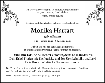Traueranzeige von Monika Hartart von Göttinger Tageblatt