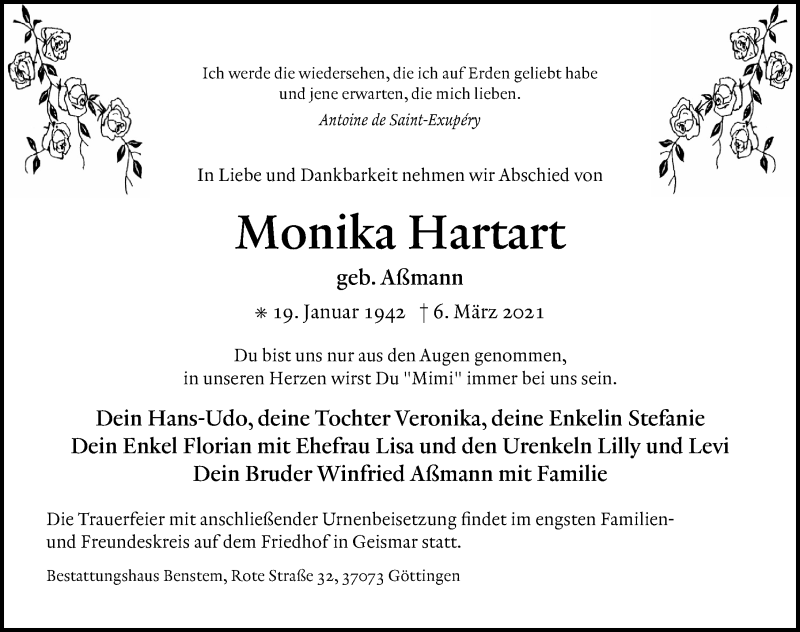  Traueranzeige für Monika Hartart vom 13.03.2021 aus Göttinger Tageblatt