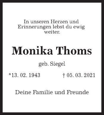 Traueranzeige von Monika Thoms von Hannoversche Allgemeine Zeitung/Neue Presse