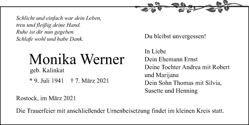  Traueranzeige für Monika Werner vom 13.03.2021 aus Ostsee-Zeitung GmbH