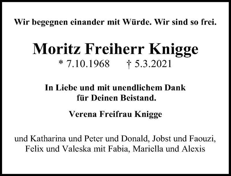  Traueranzeige für Moritz Freiherr Knigge vom 13.03.2021 aus Hannoversche Allgemeine Zeitung/Neue Presse