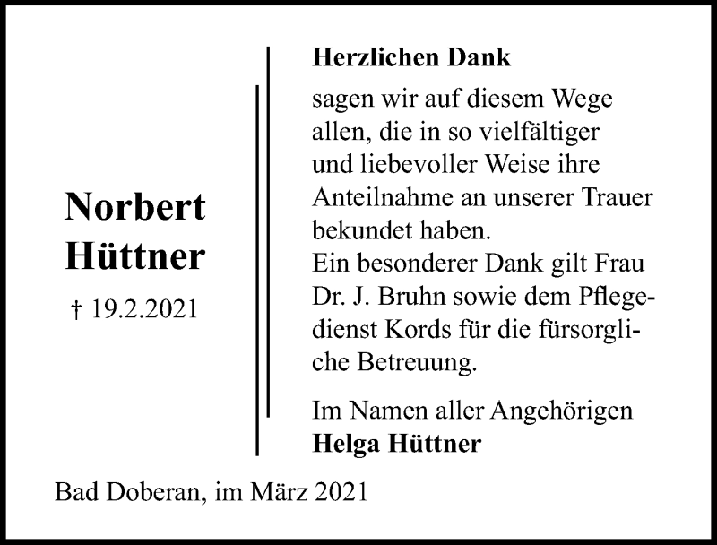  Traueranzeige für Norbert Hüttner vom 13.03.2021 aus Ostsee-Zeitung GmbH