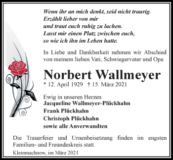 Traueranzeige von Norbert Wallmeyer von Märkischen Allgemeine Zeitung