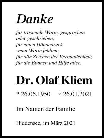 Traueranzeige von Olaf Kliem von Ostsee-Zeitung GmbH