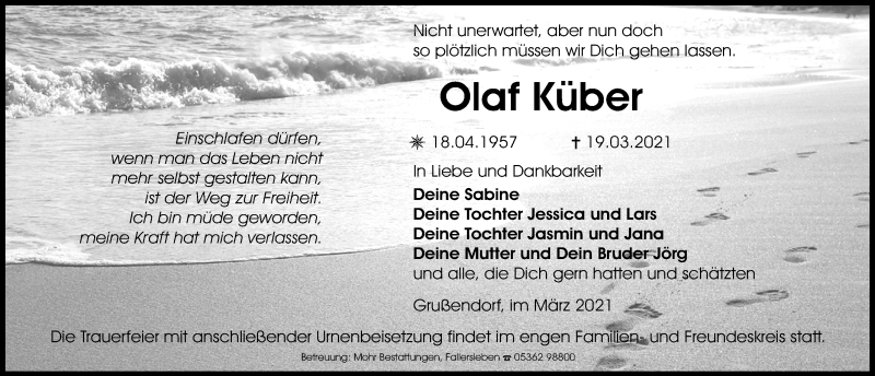  Traueranzeige für Olaf Küber vom 25.03.2021 aus Aller Zeitung