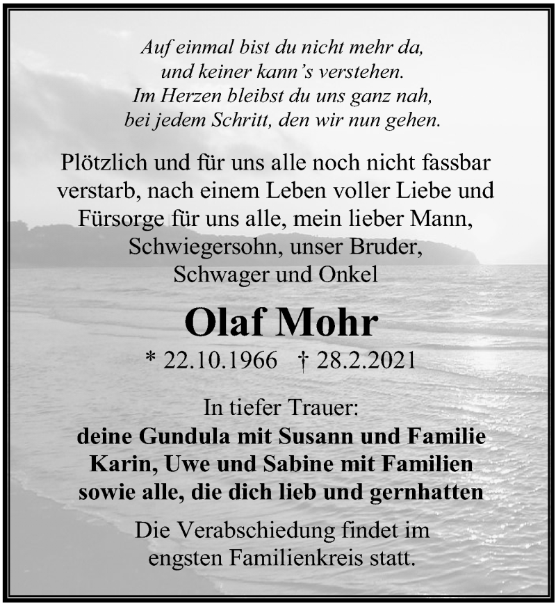  Traueranzeige für Olaf Mohr vom 06.03.2021 aus Ostsee-Zeitung GmbH