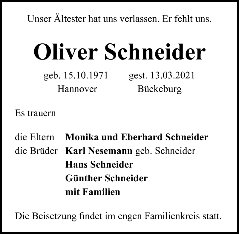  Traueranzeige für Oliver Schneider vom 27.03.2021 aus Hannoversche Allgemeine Zeitung/Neue Presse