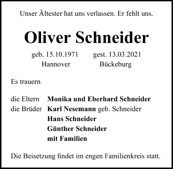 Traueranzeige von Oliver Schneider von Hannoversche Allgemeine Zeitung/Neue Presse
