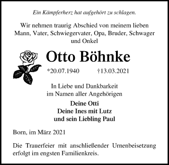 Traueranzeige von Otto Böhnke von Ostsee-Zeitung GmbH