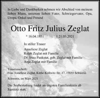 Traueranzeige von Otto Fritz Julius Zeglat von Ostsee-Zeitung GmbH