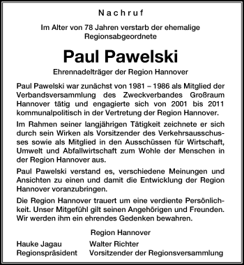 Traueranzeige von Paul Pawelski von Hannoversche Allgemeine Zeitung/Neue Presse